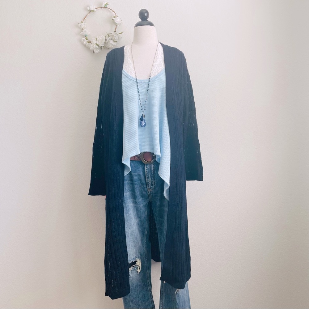 Johnny Was Open Stripe Long Open-Front Cashmere Cardigan